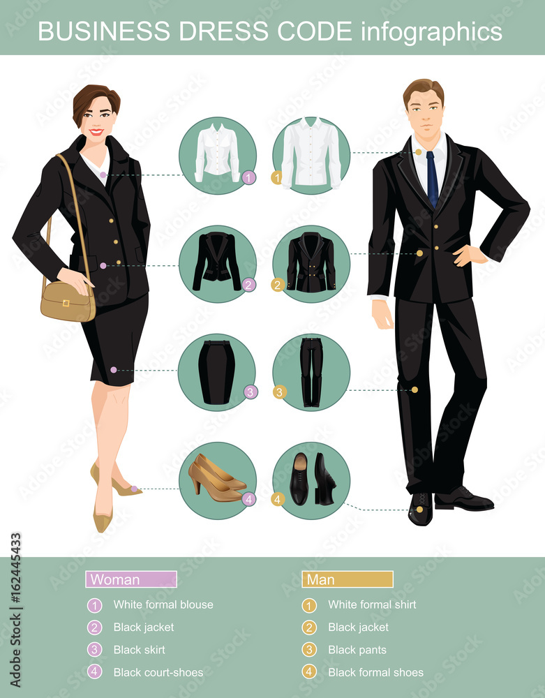 Business dress code infographics. Man and woman in black suit isolated ...