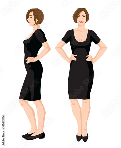 Vector illustration of woman in black dress and shoes on flat heel with short sleeves on white background. Various turns woman's figure. Front view and side view.