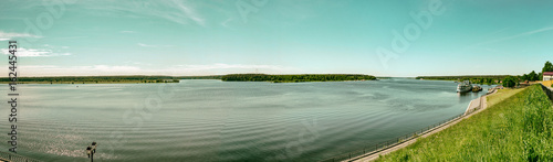 The shore of the grandiose Russian Volga river near the town of Mishkin on a summer day. Yaroslavl region  