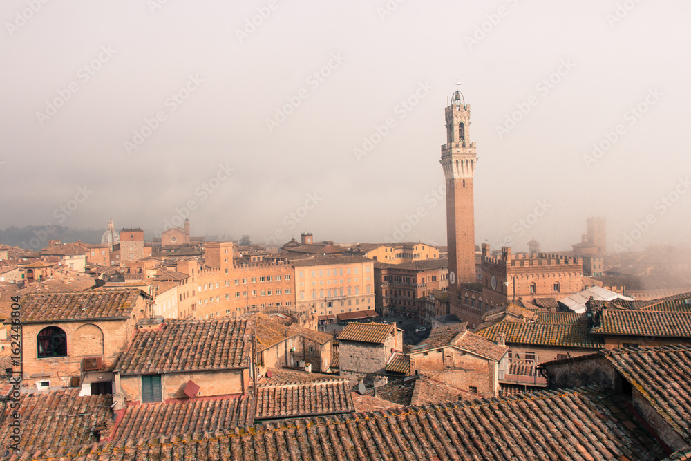 Torre del Mangia in Piazza del Campo in mist. Tuscany, Italy. Old polar effect.