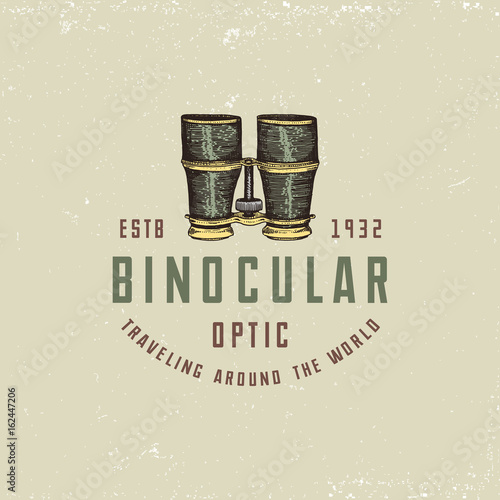 Binocular logo emblem or label monocular vintage, engraved hand drawn in sketch or wood cut style, old looking retro scinetific instrument for exploring and discovering.