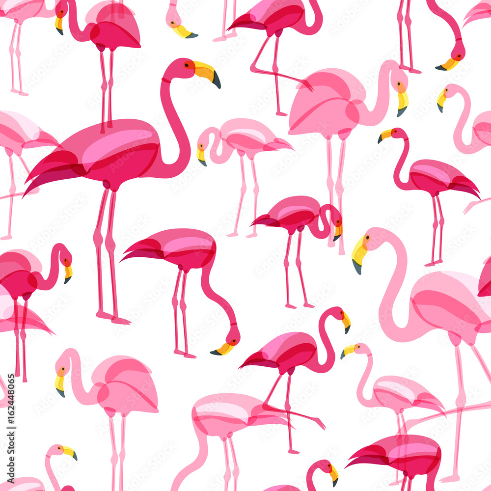 Obraz premium Vector seamless pattern with pink flamingo isolated on white background. Hand drawn doodle illustration. Flamingo birds in various poses. Trendy design for summer fashion textile print.
