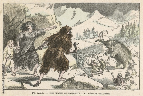 Tableau sur toile Hunting mammoth during the Ice Age. Date: circa 11 000 BC