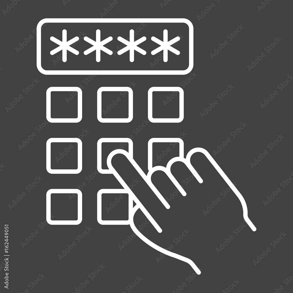 Hand finger entering pin code line icon, unlock and password, vector graphics, a linear pattern on a black background, eps 10. Hand finger entering pin code line icon, unlock and password, vector graphics, a linear pattern on a black background, eps 10.