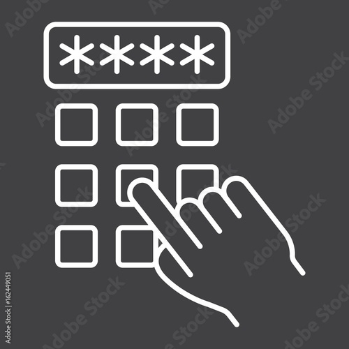 Hand finger entering pin code line icon, unlock and password, vector graphics, a linear pattern on a black background, eps 10.