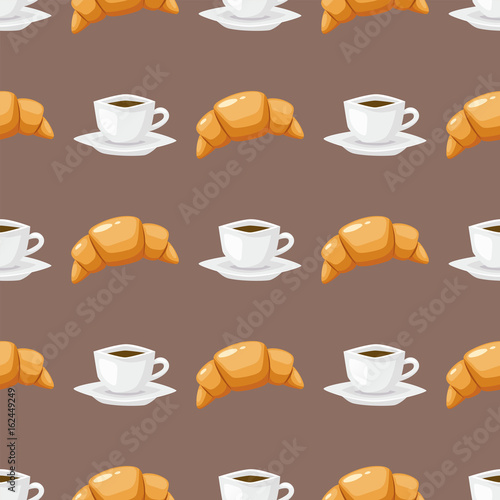Coffee and croissant seamless pattern brown caffeine breakfast morning sweet drink vector illustration