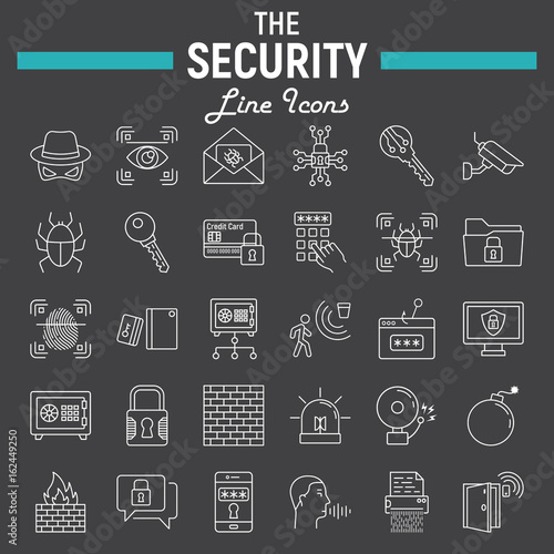 Security line icon set, cyber protection symbols collection, safety vector sketches, logo illustrations, linear pictograms package isolated on black background, eps 10.