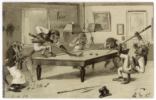 Obraz na plátně Monkeys play billiards.. Date: 1903
