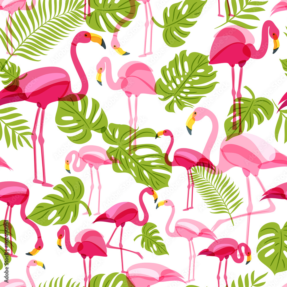 Fototapeta premium Vector seamless pattern with pink flamingo and green palm tree leaves. Summer tropical background. Trendy design for fabric and textile print.