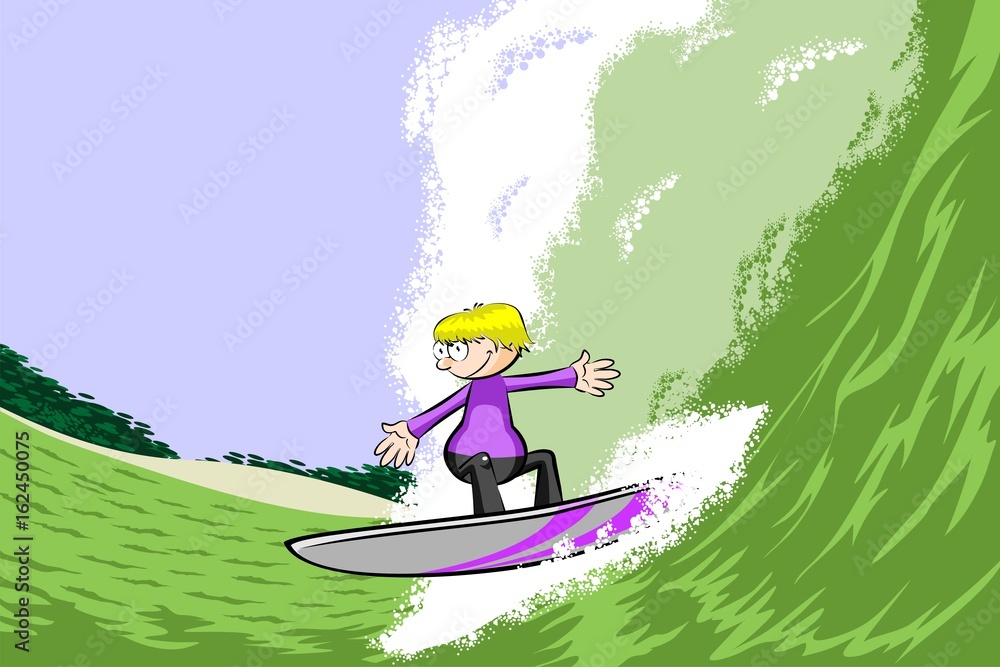 Young surfer man on surfboard riding the wave