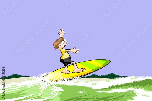 Surfer boy on surfboard riding the wave