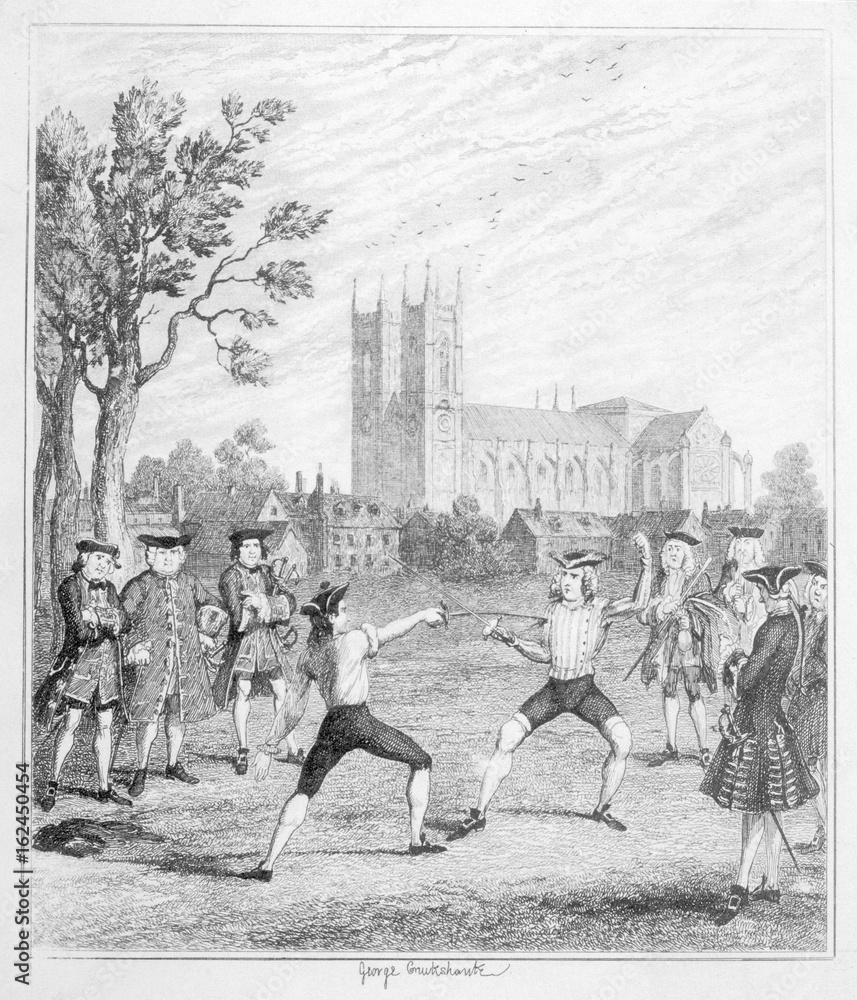 Men duelling with swords. Date: circa 1790