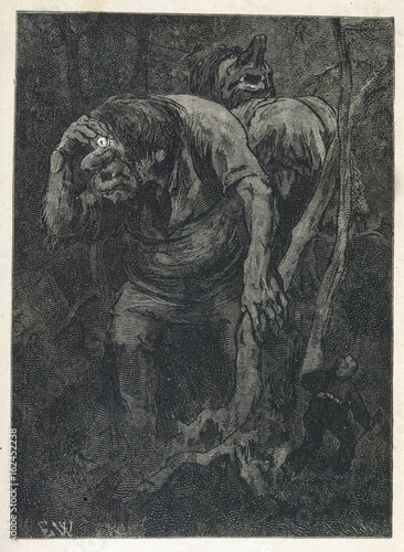 Woodcutter avoids large trolls. Date: 1879 photo