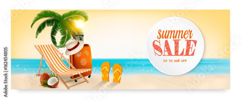 Tropical island with palms, a beach chair and a ocean. Vacation vector banner.