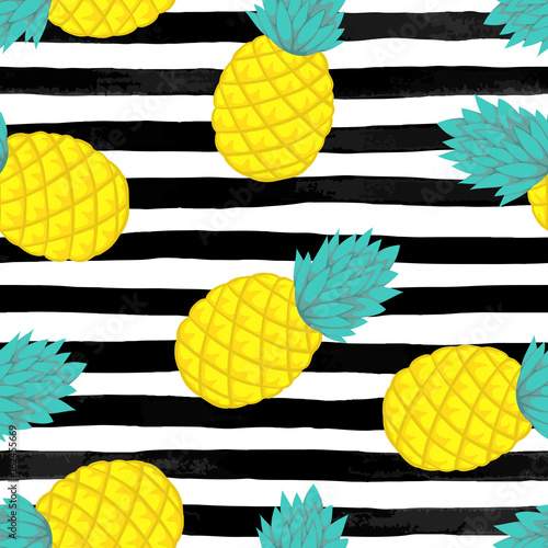 Seamless background with pineapple on black and white watercolor stripes .