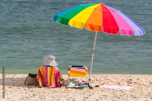 Woman in Hat under Colorful Beach Umbrella at the Seashore