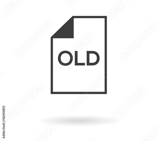 Isolated icon for file with OLD text, black silhouette on white background with shadow, button for outdated data or storage place