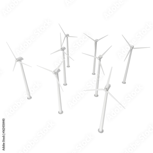 Wind turbine farm with propellers. Windmill generators 3D render isolated on white © newb1