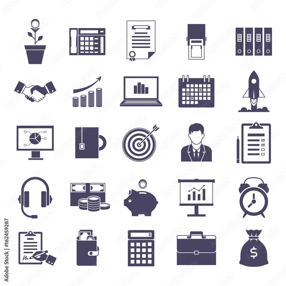 Business simple icons set, company web design, office image collection, advertising, documents, data treatment objects. Vector illustration on white background Business simple icons set, company web design, office image collection, advertising, documents, data treatment objects. Vector illustration on white background