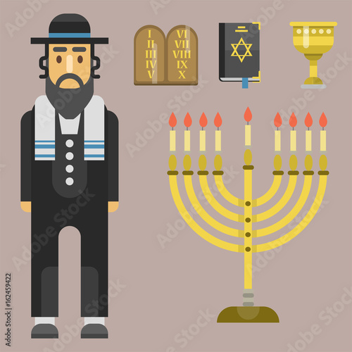 Judaism church traditional symbols isolated hanukkah religious synagogue passover hebrew character jew vector illustration.