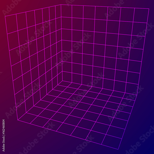 Wireframe Mesh Cube Plane Axis. Three dimensions. Connection Structure. Digital Data Visualization Concept. Vector Illustration.