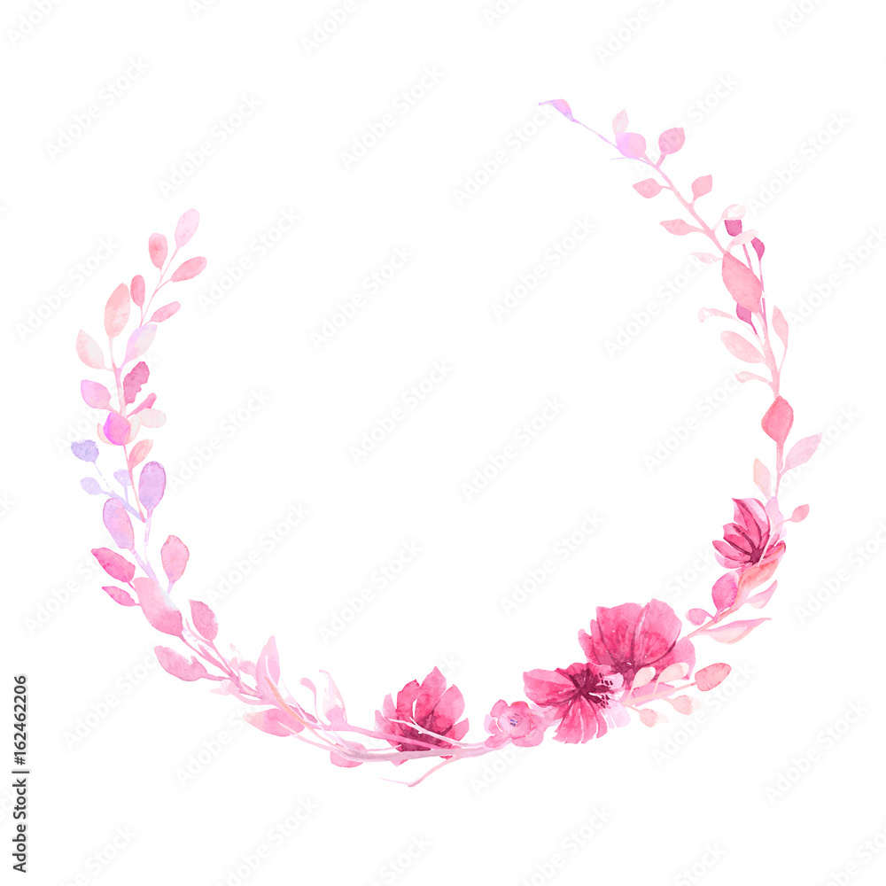 Vintage wreath pattern: flower, leaf, branch, isolated on background. Imitation of embroidery, watercolor. Hand drawn vector illustration, separated editable elements.