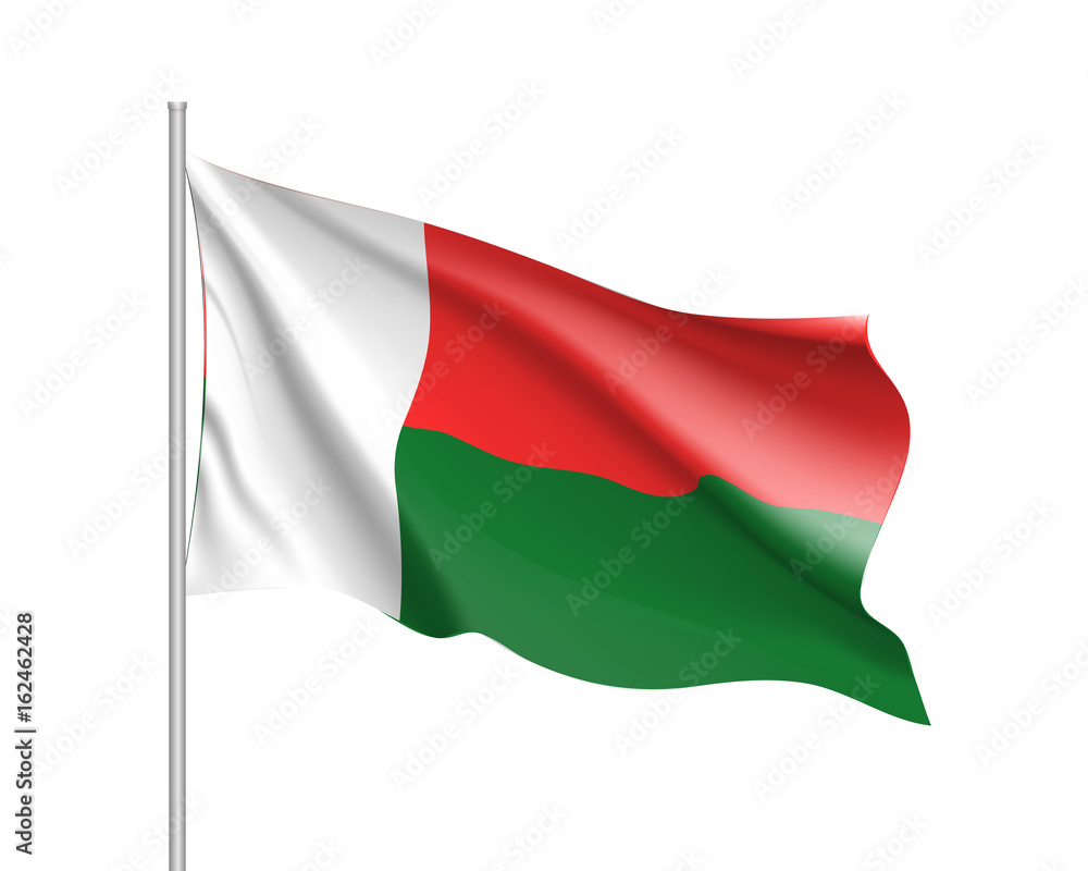 Waving flag of Madagascar. Symbol african state in proportion correctly and official national colors. Patriotic sign Eastern Africa country. Vector icon illustration Waving flag of Madagascar. Symbol african state in proportion correctly and official national colors. Patriotic sign Eastern Africa country. Vector icon illustration