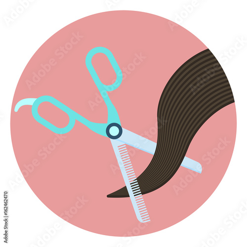 Flat vector hairdressing blending scissors thin out hair, thinning scissors cut blond hair curl, isolated barbershop icon
