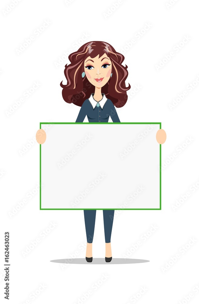 Woman holding a blank poster. Female business model. Smiling girl isolated. Woman holding a blank poster. Female business model. Smiling girl isolated.
