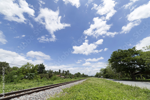 Landscape of railroad with clouds and blue sky background