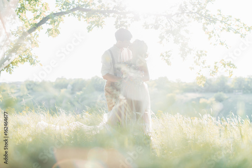 wedding couple on  nature.  bride and groom hugging against the sun at wedding.  © producer