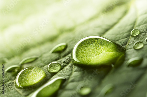 Large beautiful drops of transparent rain water on a green leaf macro. Drops of dew in the morning glow in the sun. Beautiful leaf texture in nature. Natural background.