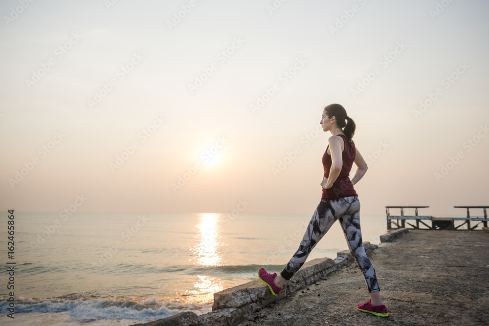 Stretching Exercise Training Healthy Lifestyle Beach Concept
