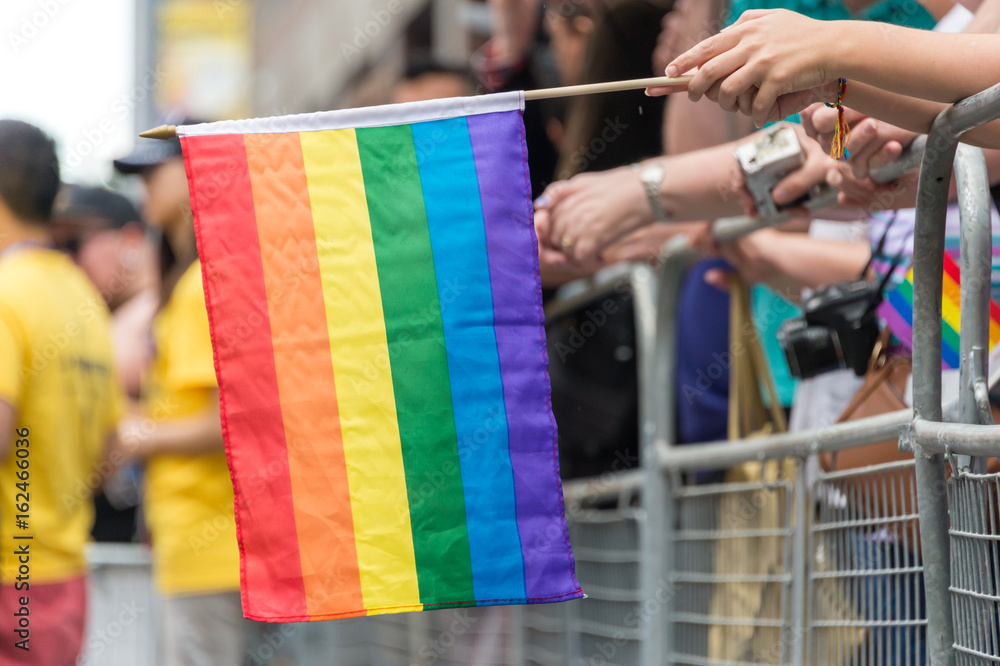 GayPride spectators carrying Rainbow gay flags during Toronto Pride Parade in 2017