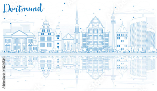 Outline Dortmund Skyline with Blue Buildings and Reflections.