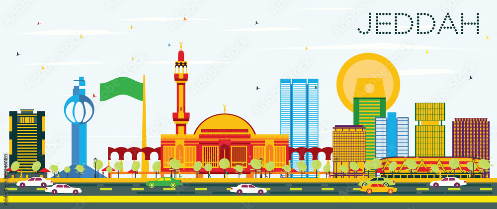 Naklejka premium Jeddah Skyline with Color Buildings and Blue Sky.
