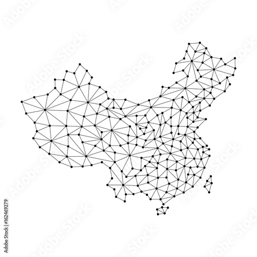 China map of polygonal mosaic lines network, rays and dots vector illustration.