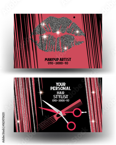 Hairstylist and makeup artist business cards with woman's hair and lips. Vector illustration