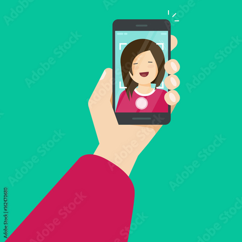 Selfie via smartphone making a photo of yourself vector illustration, flat cartoon young happy girl with mobile phone in hand make self photo
