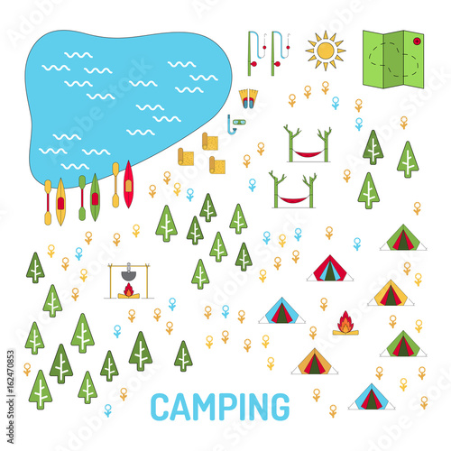 Template to create a map of the campsite. Tent camp in the forest on the map. Vector image isolated on white background