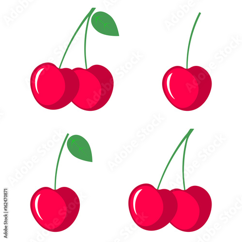 Cherry. Set of red sweet cherry berries icons on white 