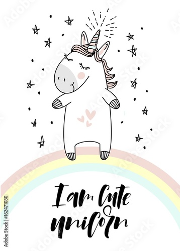 "I am cute unicorn" typography and unicorn on the rainbow illustration vector.