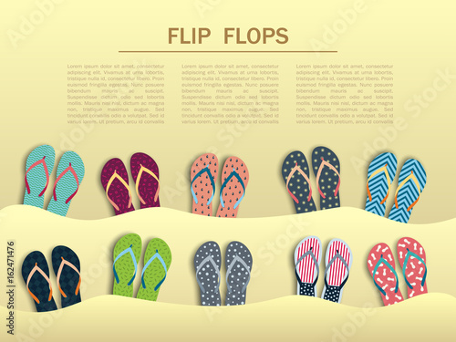 Summer flip flops set, sticking in the sand with the various individual design. Banner with flip flops and with place for text