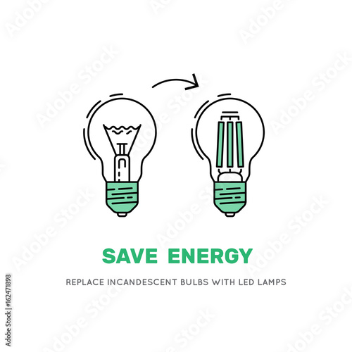 Banner saying that the replacement of incandescent Lam led lamps will reduce electricity consumption, thus reducing the bills from energy companies. Vector LED energy saving lamp bulb symbols photo
