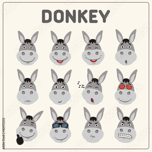 Emoticons set face of donkey in cartoon style. Collection isolated funny muzzle donkey with different emotion.