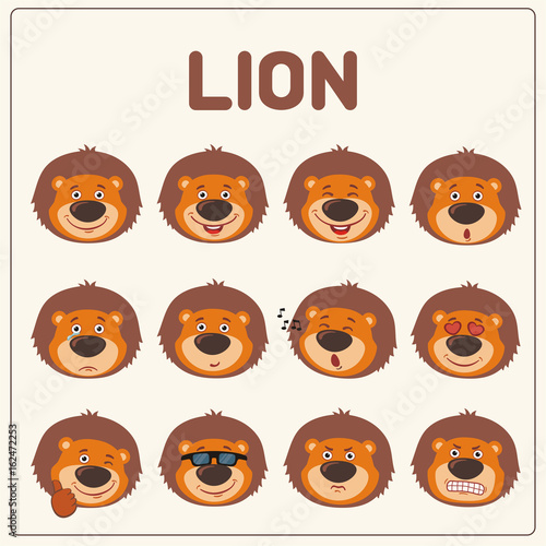 Fototapeta Naklejka Na Ścianę i Meble -  Emoticons set face of lion in cartoon style. Collection isolated funny muzzle lion with different emotion.