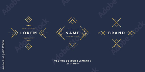 Set of modern geometric framework for text of gold glitter on a dark background. Vector illustration