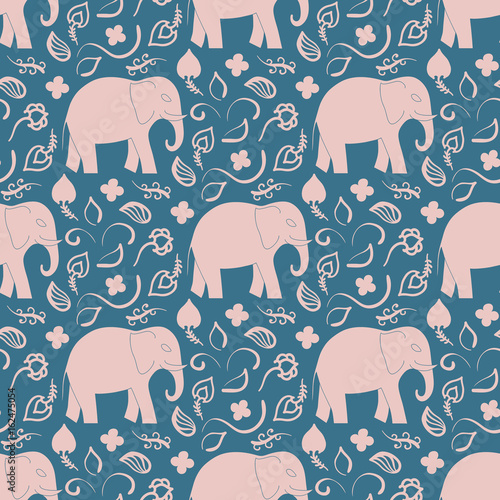 Seamless pattern with elephants and flowers. Background for textile, baby shower, greeting card, wrapping. Flora oriental l ornament.