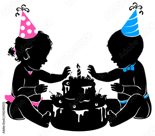 Silhouette baby twins with birthday cake with candle