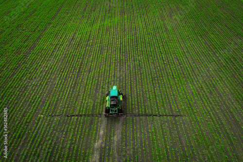 A blue tractor moves through the spring field and sprays fertilizers on plants planted on it. Spring processing of agricultural crops. View from above. Aerial view